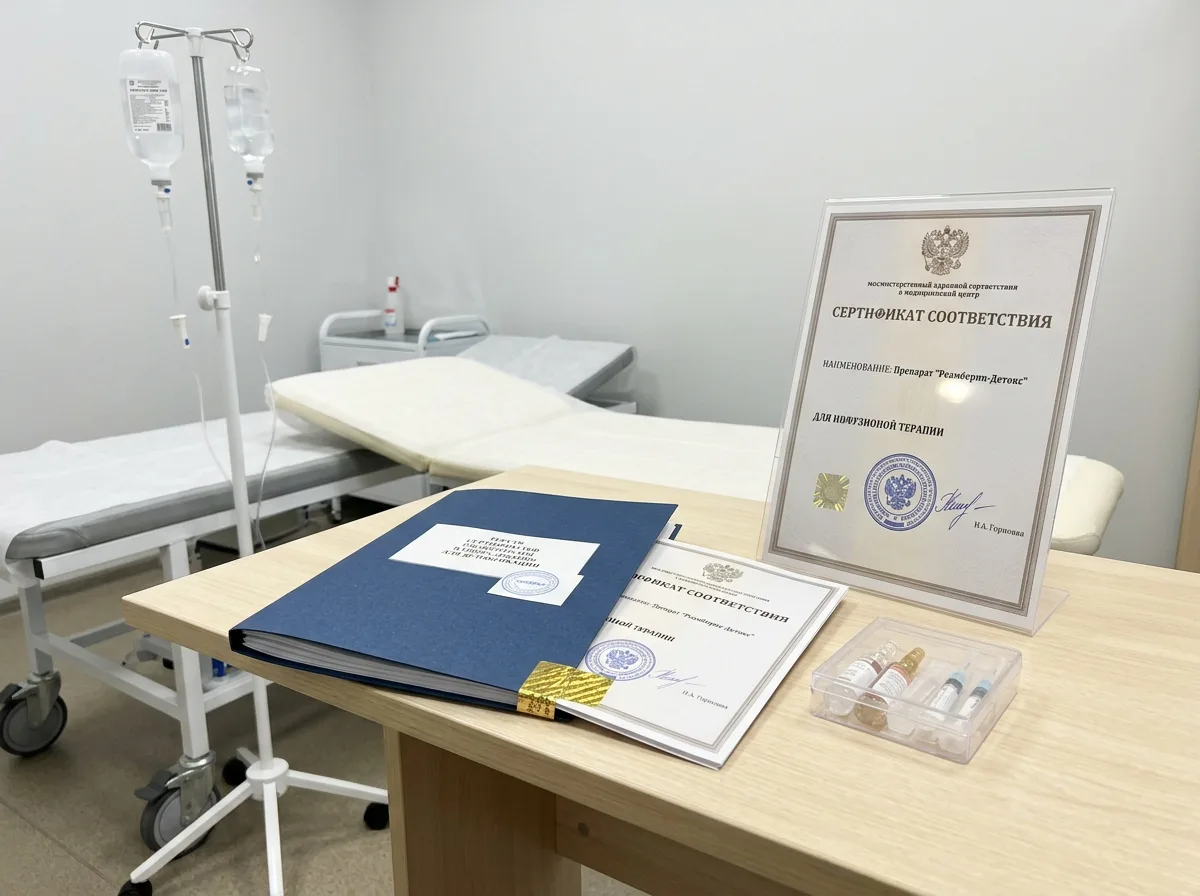 Сертификаты качества препаратов и медицинского оборудования, используемых при детоксикации, документы с печатями