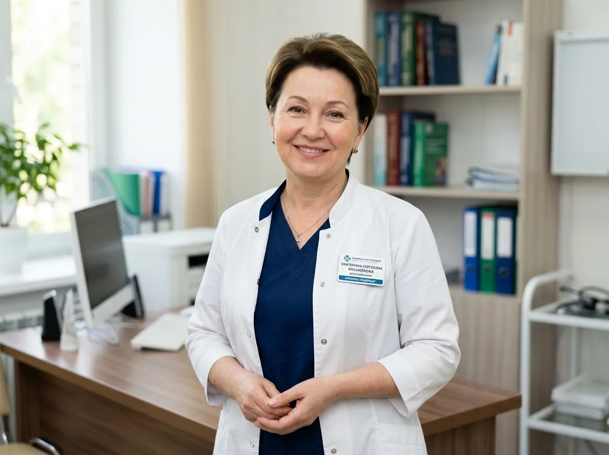 Врач-нарколог Екатерина Сергеевна Михайлова, портрет в медицинской форме, доброжелательный профессиональный вид